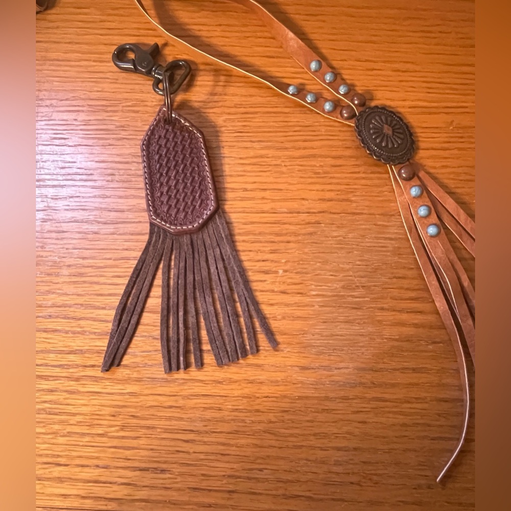 Brown Leather Fringe Hang Tag and Bolo Tie Lot of 2